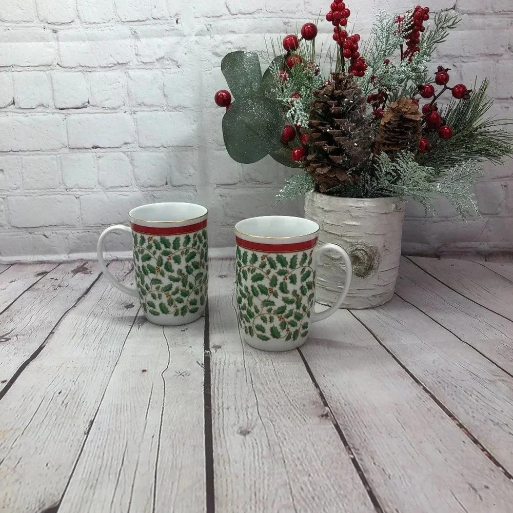 vintage otagiri japan holiday holly mugs set of 2